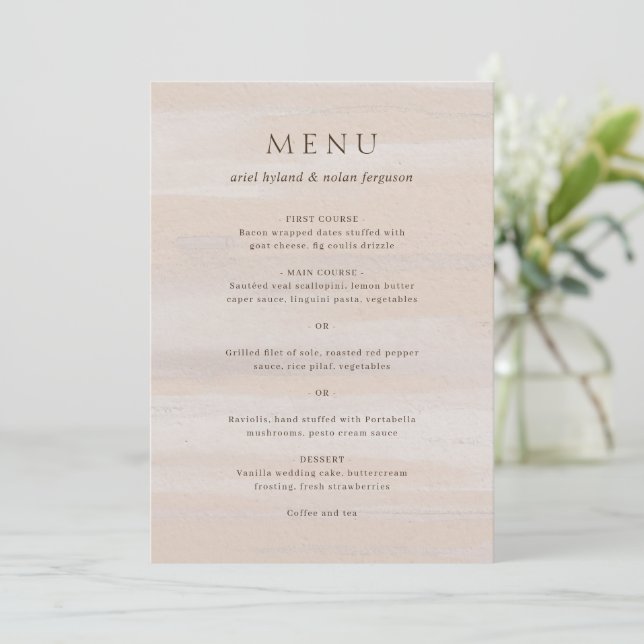 Menu Casamento Elegante com Aquarela Neutra Moderna (Em pé/Frente)