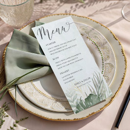 Menu Casamento Elegante com Aquarela Tropical Verde