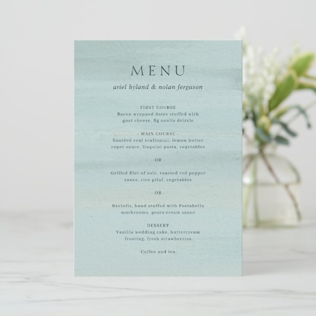 Menu Casamento Elegante com Aquarela Verde Moderna (Em pé/Frente)