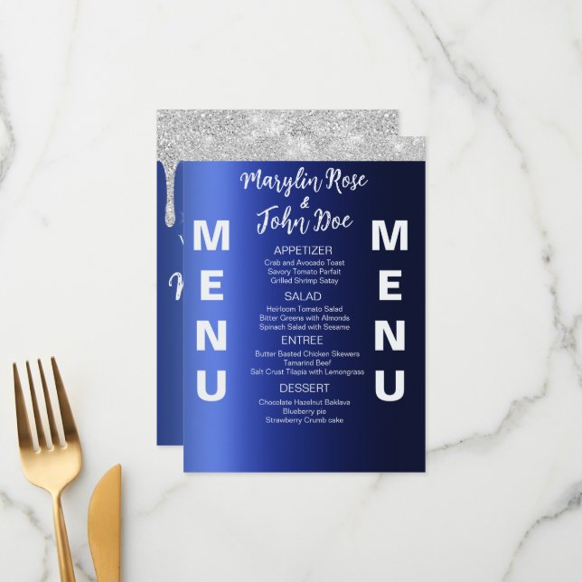 MENU CASAMENTO ELEGANTE COM BRILHO AZUL (Frente/Verso In Situ)