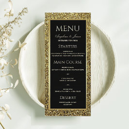 Menu Casamento Elegante com Brilho Preto e Dourado