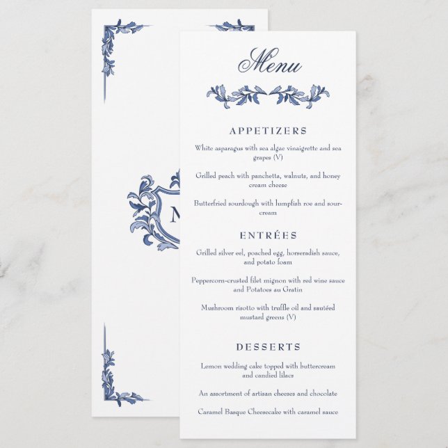 Menu Casamento Elegante com Crista Monograma Vintage Az (Frente/Verso)