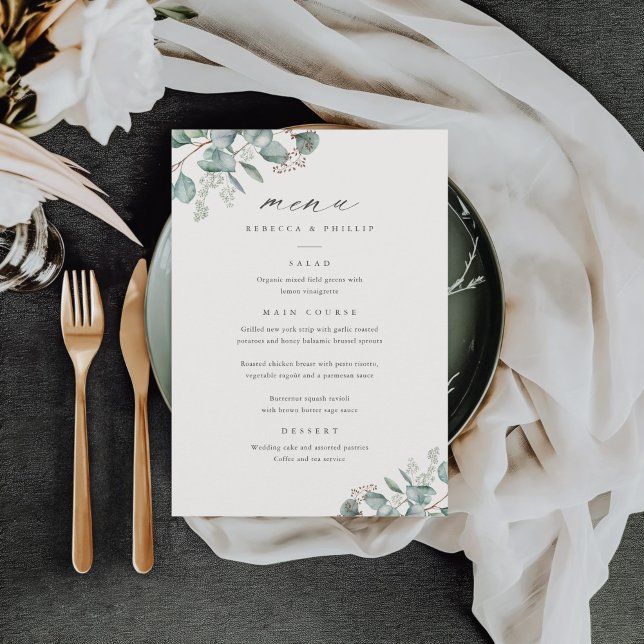 Menu Casamento Elegante com Eucalipto em Aquarela (Elegant Eucalyptus Greenery Wedding Dinner Menus.)