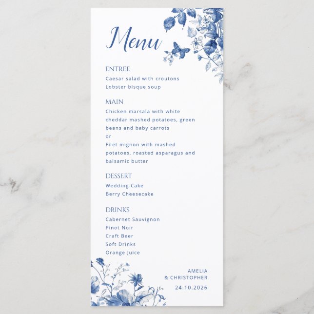 Menu Casamento Elegante com flores azuis delicadas (Frente)
