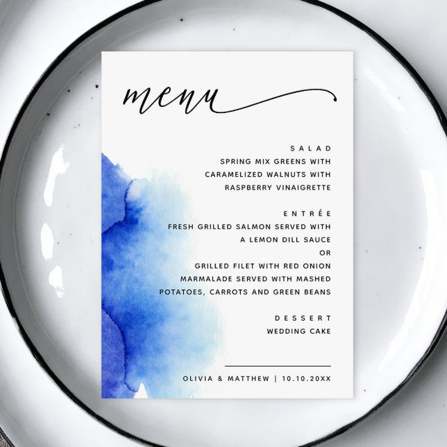 Menu Casamento elegante com letra náutica azul aquarela (Criador carregado)