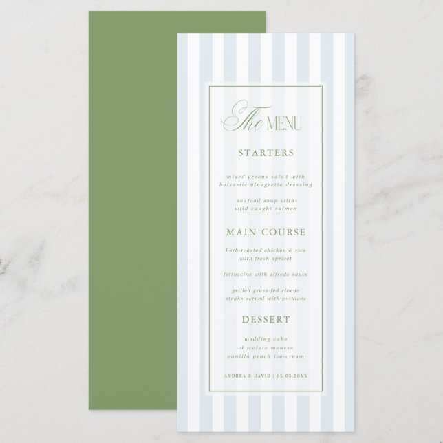 Menu Casamento Elegante com Listras em Verde Salvia e A (Frente/Verso)