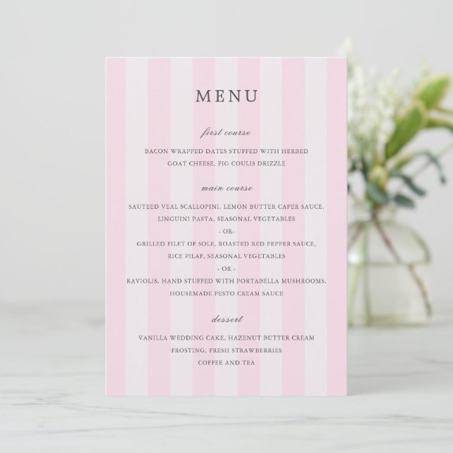 Menu Casamento Elegante com Listras Rosa Modernas (Em pé/Frente)