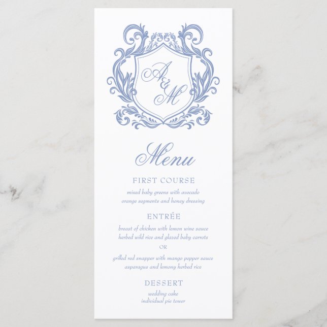 Menu Casamento Elegante com Monograma e Brasão em Azul  (Frente)
