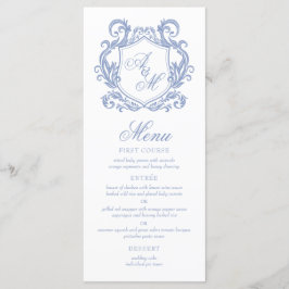 Menu Casamento Elegante com Monograma e Brasão em Azul