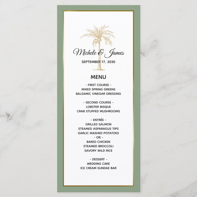 Menu Casamento Elegante com Palmeira em Verde Sage e Do (Frente)