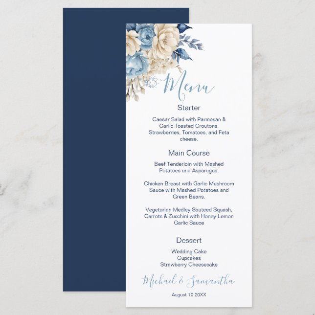 Menu Casamento Elegante com Rosa Azul e Marfim (Frente/Verso)