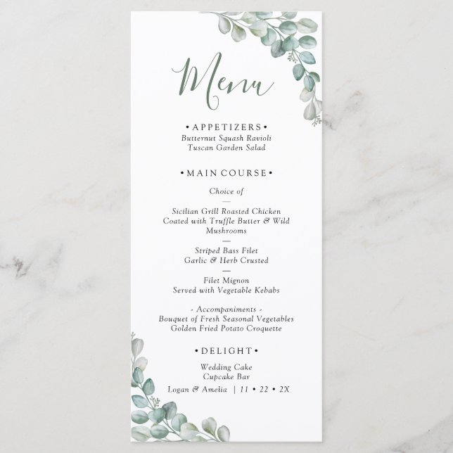 Menu Casamento Elegante com Vegetação de Eucalipto (Frente)