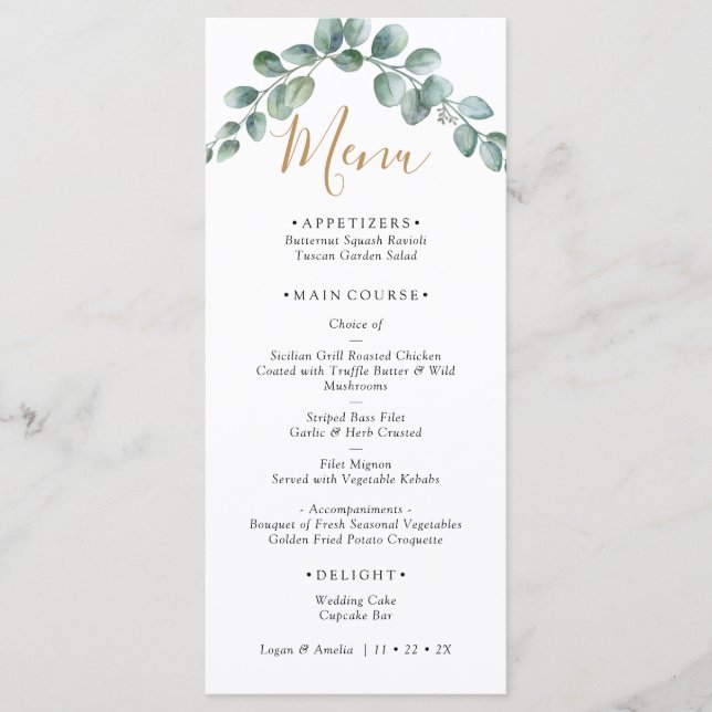 Menu Casamento Elegante com Verde de Eucalipto (Frente)