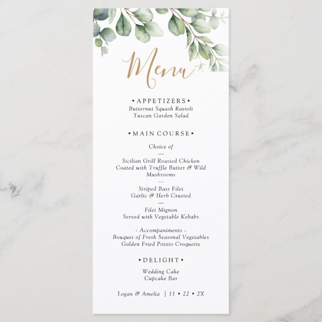 Menu Casamento Elegante com Verde de Eucalipto (Frente)