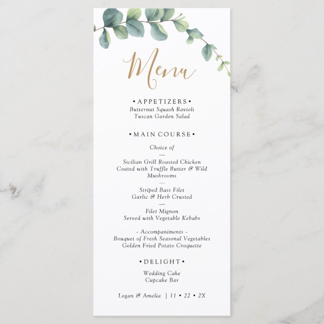 Menu Casamento Elegante com Verduras de Eucalipto (Frente)
