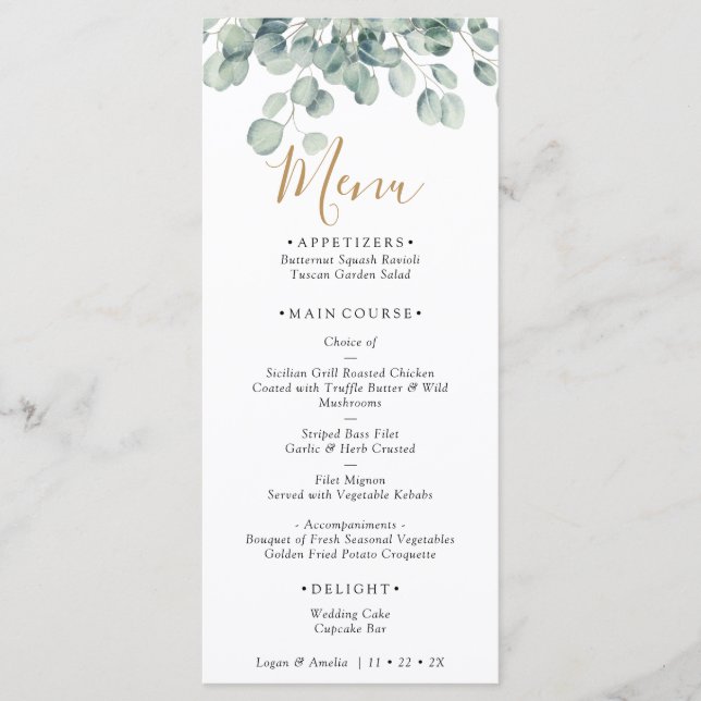 Menu Casamento Elegante com Verduras de Eucalipto (Frente)