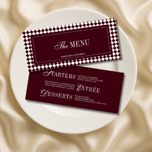 Menu Casamento Elegante com Xadrez Borgonha Vintage e L