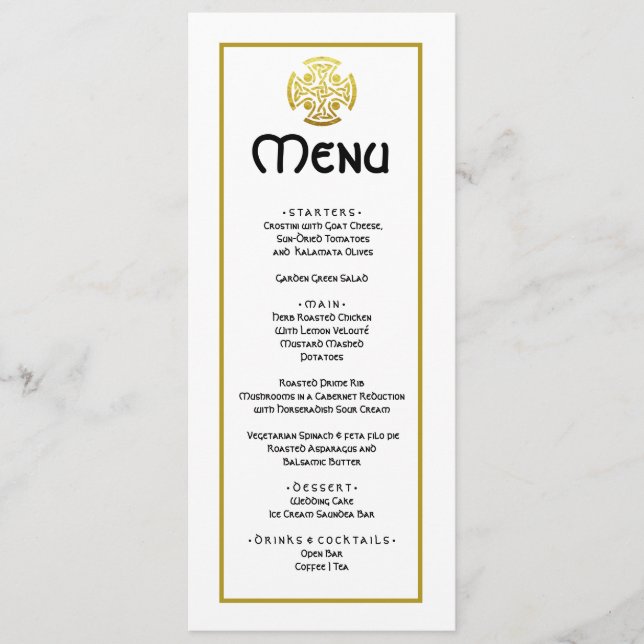 Menu Casamento Elegante Cruz Celta em Faux Dourado Casa (Frente)