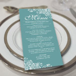 Menu Casamento Elegante de Alho ou Aqua Escuro e Curls<br><div class="desc">Este belo chalé, turquesa, ou cardápio de cor aqua escura irá adicionar algum estilo à sua recepção de casamento. Ele apresenta um design simples, mas bonito, com letras elegantes de escrita e ornamentados decorativos e espirais brancos nos cantos. Há espaço para os nomes do casal e da data do casamento,...</div>