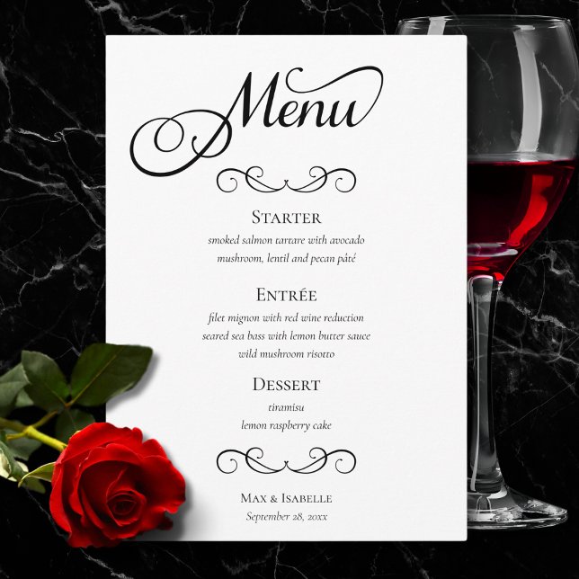 Menu Casamento Elegante de Caligrafia Preta e Branca (chic elegant black and white script calligraphy wedding menu, rehearsal dinner, engagement party)