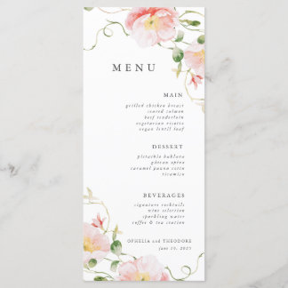 Menu Casamento Elegante De Cores De Água Rosa Selvagens