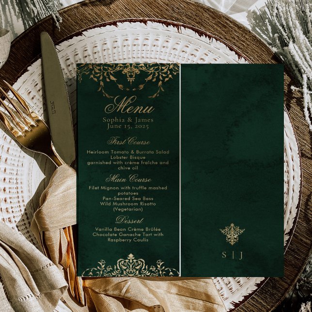 Menu Casamento Elegante de Emerald Green e Ornamentado  (Criador carregado)