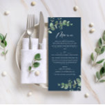 Menu Casamento elegante de eucalipto azul-marinho moder<br><div class="desc">Belo e delicado design de cardápio de folhagem de eucalipto. Coleção moderna e elegante sobre a tendência verde-sábio,  preto,  azul-marinho e branco-na moda,  da rústica contemporânea. Ideal para primavera,  verão,  outono,  outono ou casamentos no inverno.</div>