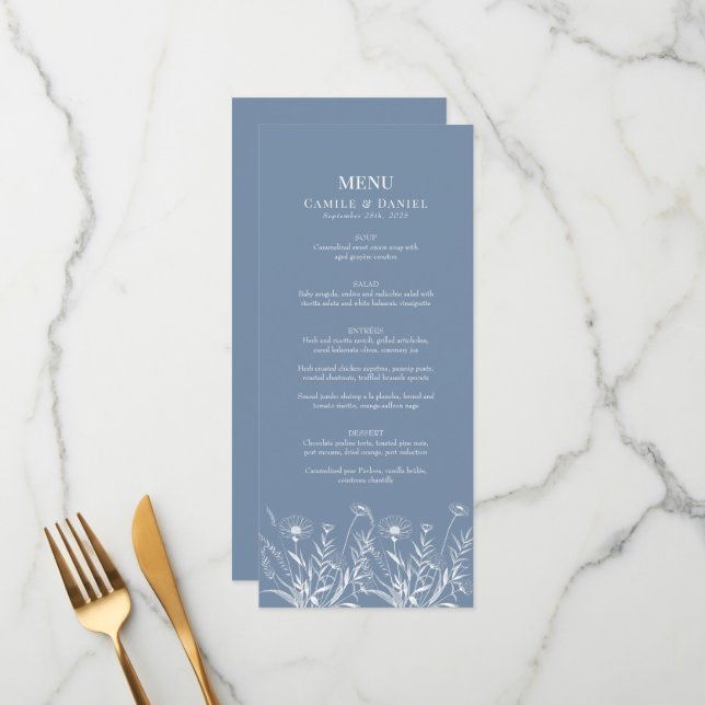 Menu Casamento Elegante de Flor Silvestre Periwinkle (Frente/Verso In Situ)