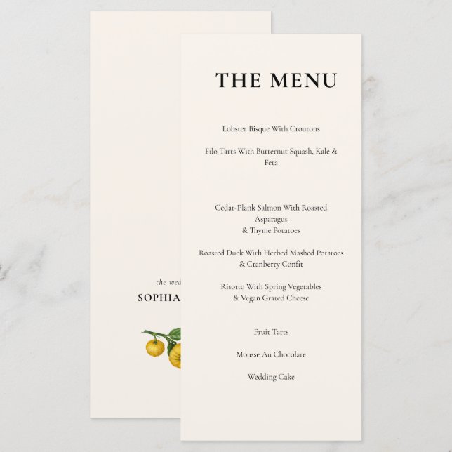 Menu Casamento Elegante de Frutas de Citrinos Slim Vint (Frente/Verso)