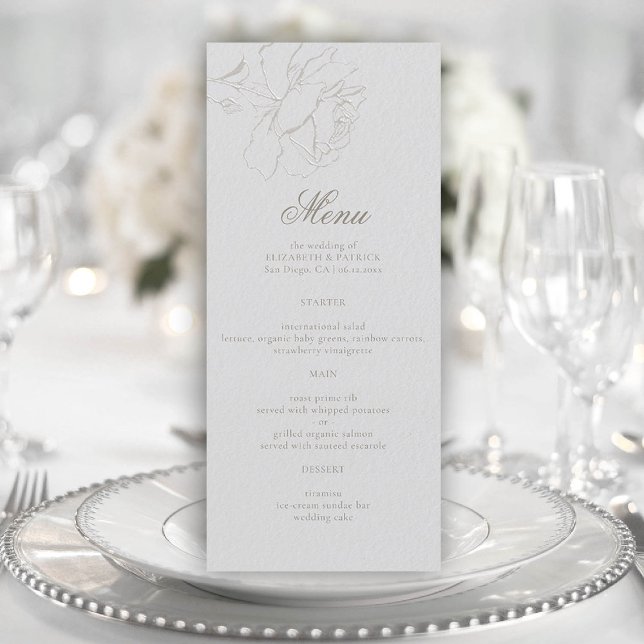 Menu Casamento Elegante de Ivory Clássica Moderna Forma (roses wedding menu card faux embossed ivory formal modern classic elegant black tie)