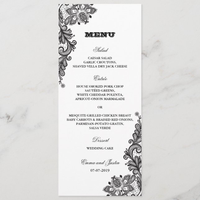 Menu Casamento Elegante de Lace Vintage Negra (Frente)