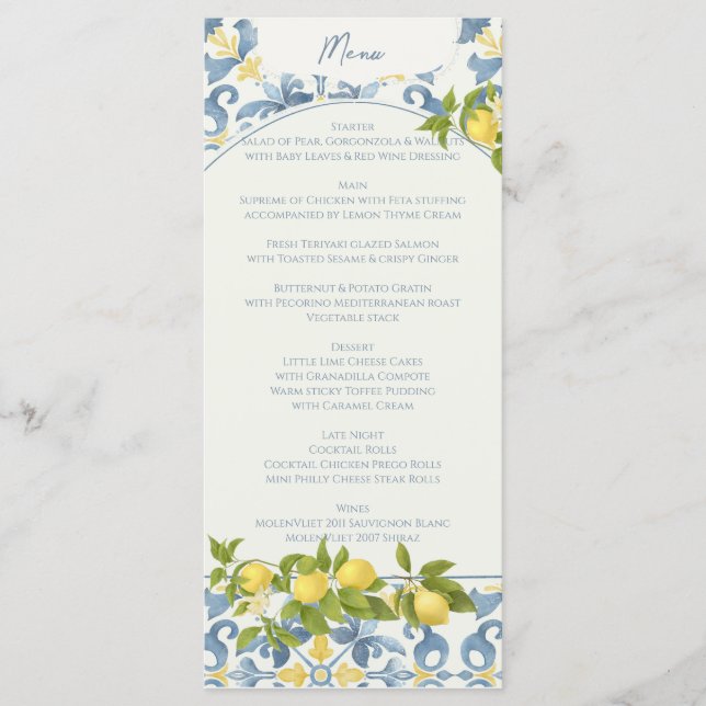 Menu Casamento Elegante De Limão Azulejo Azul Italiano (Frente)