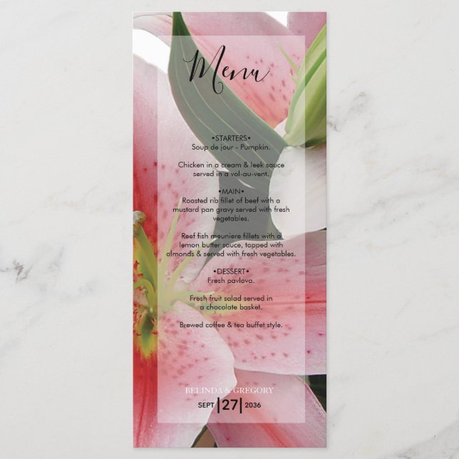 Menu Casamento Elegante de Llírios Orientais (Frente)