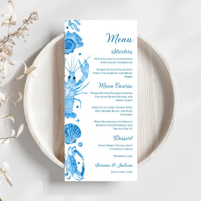 Menu Casamento Elegante de Marisco Costeiro com Aquarel (Elegant Blue Watercolor Coastal Seafood Wedding Menu)