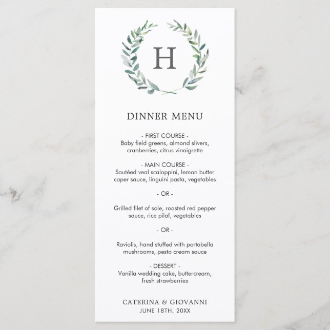 Menu Casamento Elegante de Monograma Greenery Wreath (Frente)