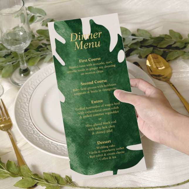 Menu Casamento Elegante de Monstera Verde Tropical Leaf (Criador carregado)