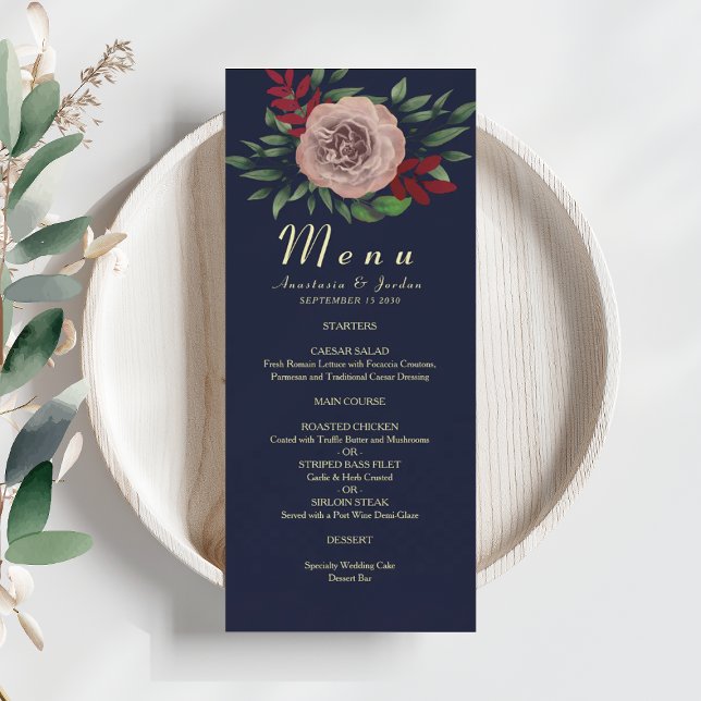 Menu Casamento Elegante de Outono Floral Azul Marinho B (Criador carregado)