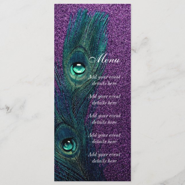 Menu Casamento Elegante de Pavão Azul Verde Roxo (Frente)