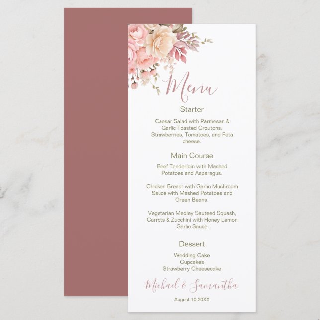 Menu Casamento Elegante de Rosa e Rosa de Marfim (Frente/Verso)