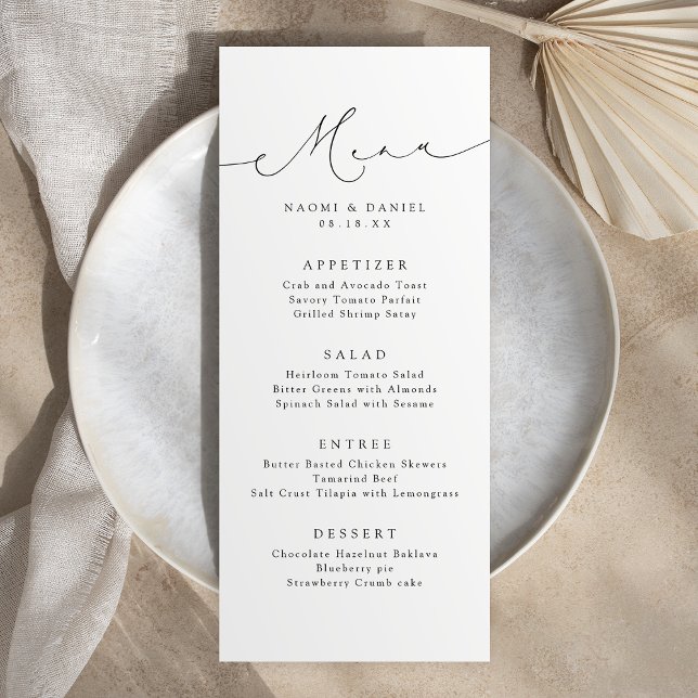 Menu Casamento Elegante De Script Chic Moderno Minimali (Minimalist Modern Chic Script Elegant Wedding Menu)