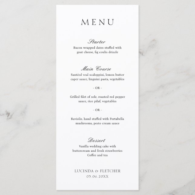 Menu Casamento Elegante Dinheiro Antigo Preto e Branco (Frente)