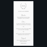 Menu Casamento Elegante do Monograma Wreath Clássico<br><div class="desc">Menu de casamento preto e branco do estilo tradicional e clássico,  com uma crista de casamento com o seu dentro monograma de coroa,  juntamente com os cabeçalhos de um roteiro/caligrafia. Estes menus simples,  mas elegantes,  são excelente para um casamento formal.</div>
