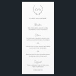 Menu Casamento Elegante do Monograma Wreath Clássico<br><div class="desc">Menu de casamento preto e branco do estilo tradicional e clássico,  com uma crista de casamento com o seu dentro monograma de coroa,  juntamente com os cabeçalhos de um roteiro/caligrafia. Estes menus simples,  mas elegantes,  são excelente para um casamento formal.</div>