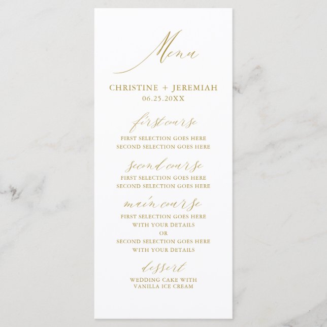 Menu Casamento Elegante Dourado Branco Moderno (Frente)