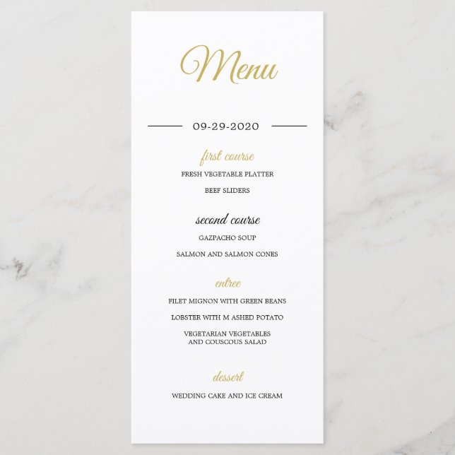 Menu Casamento Elegante Dourado com Sobreposição de Fot (Frente)