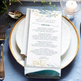 Menu Casamento Elegante Dourado Floral Azul Dusty