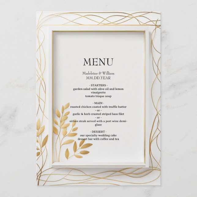 Menu Casamento Elegante Dourado Minimalista Eucalyptus (Frente)