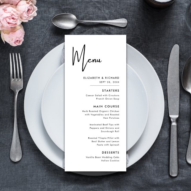 Menu Casamento Elegante e Moderno em Preto e Branco (Elegant modern black and white wedding menu adds style while guiding guests through your meal)