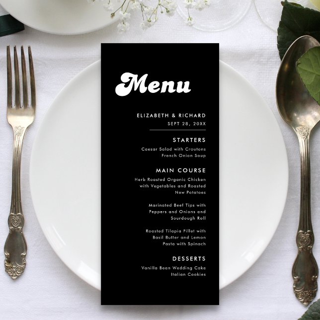 Menu Casamento Elegante e Retrô em Preto e Branco (Retro black and white wedding menu showcases your dishes with a stylish, timeless feel.)