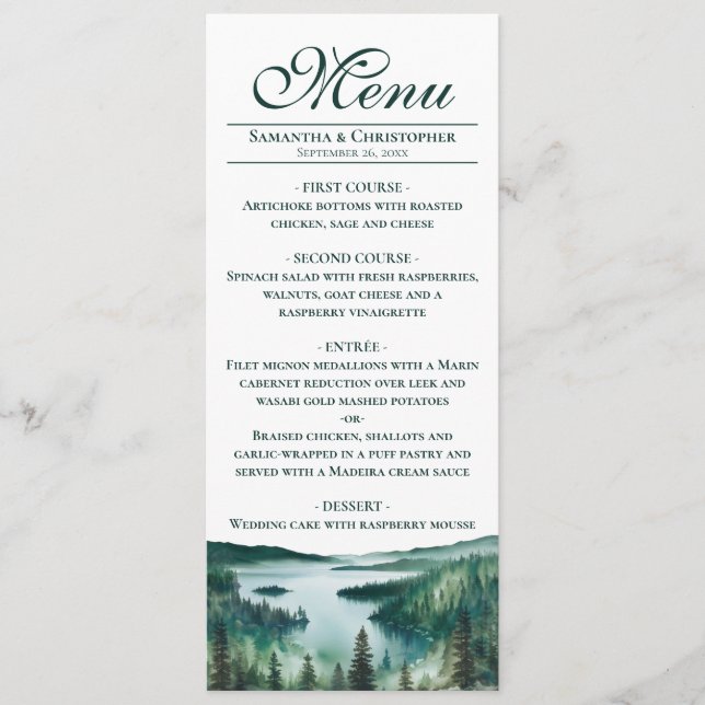 Menu Casamento Elegante e Rústico com Aquarela do Lago  (Frente)